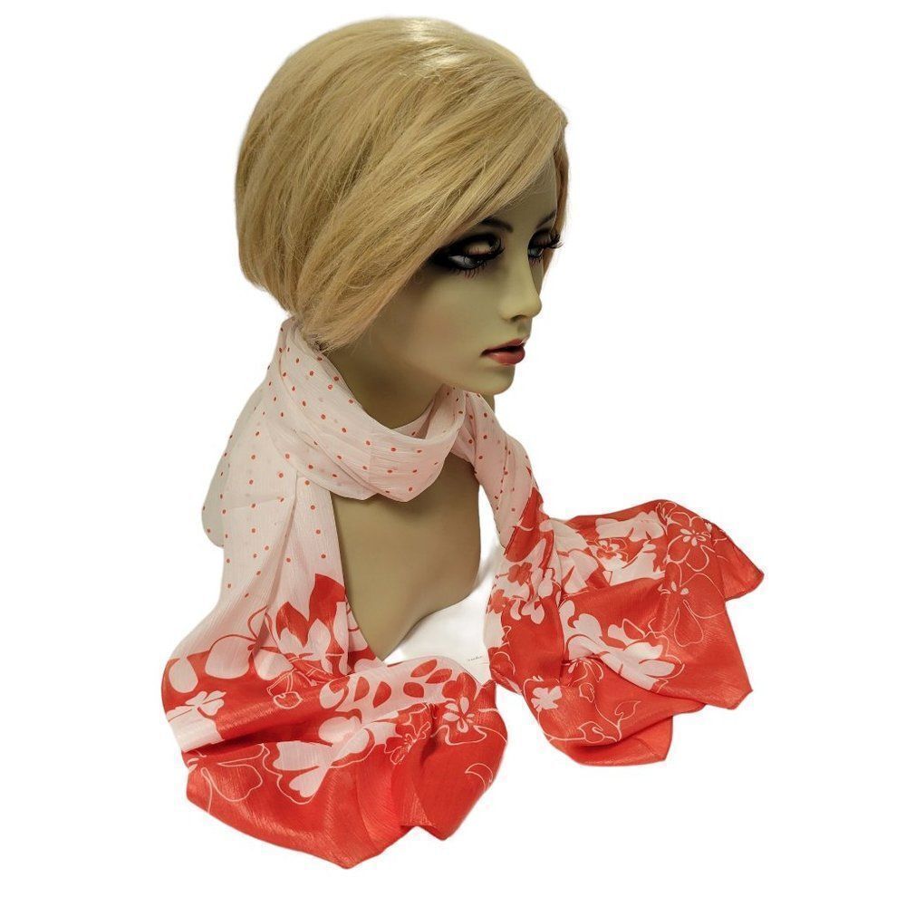RED polka dots floral motif womens fashion scarf - NWOT
